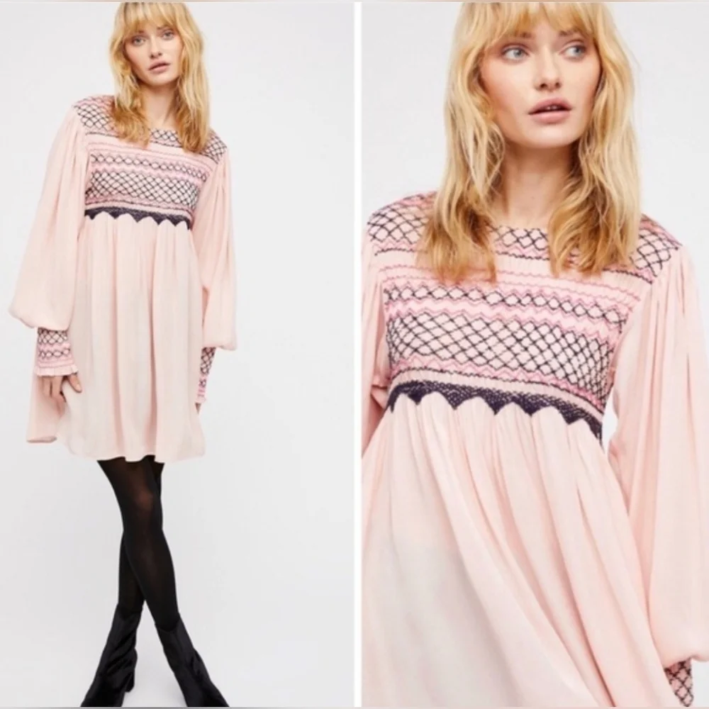 Free People Pink Long Sleeve Smocked Mini Shift Dress Size Small - Picture 7 of 7